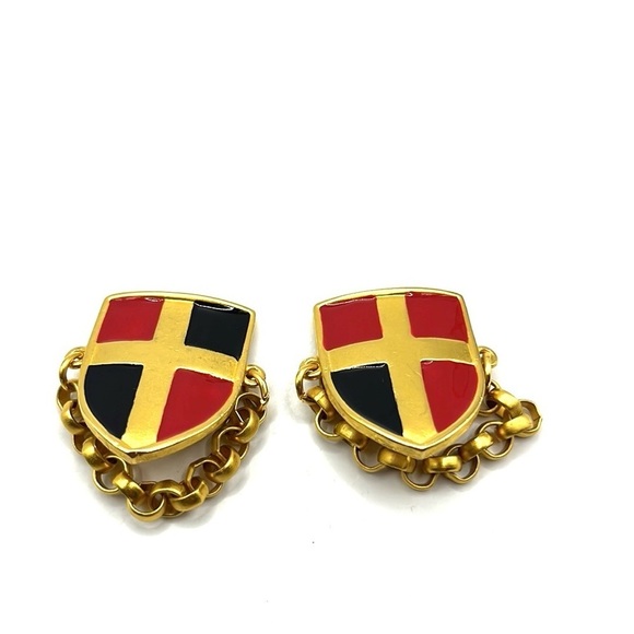 Gold and Red Shield Earrings with Chain Clip on Earrings  Vintage 80’-90’s - Picture 9 of 12